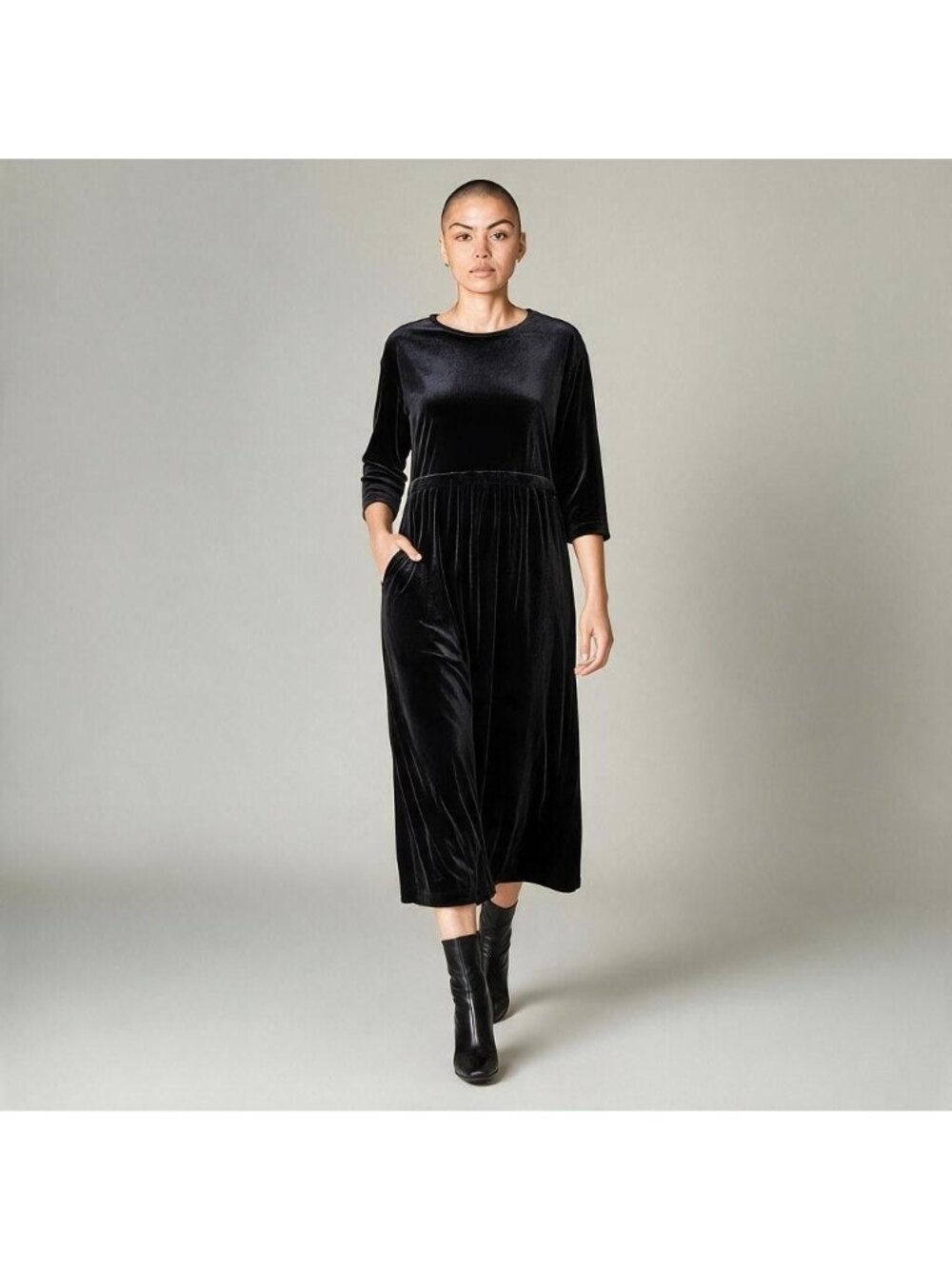 Jones New York Sport Black Velvet Dress S Empire Waist Midi 3/4 sleeve Cocktail